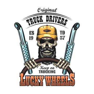 Driver emblem. Bearded skull in cap holding steering wheel or spanners with keep on trucking or diesel brother text. Vector illustration
