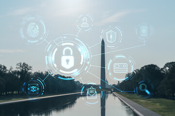 Washington Monument and the Capitol Building, Washington DC, USA. Seen from reflecting pool. The concept of cyber security to protect confidential information, padlock hologram