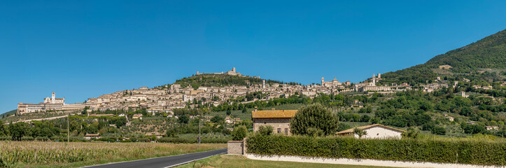 Fototapeta na wymiar Panoramic view of Assisi, Perugia, Italy, on a sunny day