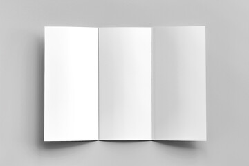 Blank trifold paper brochure on gray background with soft shadows and highlights