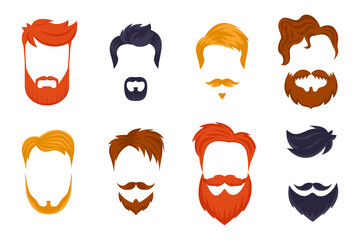 Hairstyles and beards for men flat vector illustrations set. Cartoon drawings of stylish male haircuts for hipsters, young and old characters isolated on white background. Barber shop concept - obrazy, fototapety, plakaty