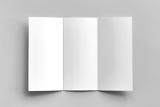 Blank trifold paper brochure on gray background with soft shadows and highlights
