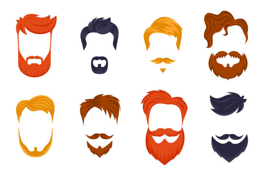 Hairstyles and beards for men flat vector illustrations set. Cartoon drawings of stylish male haircuts for hipsters, young and old characters isolated on white background. Barber shop concept