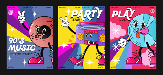 90s retro disco cartoon characters. Fashion poster. funny colorful characters in doodle style, disco ball, vinyl, tape recorder, dvd disc. Vector illustration with typography elements