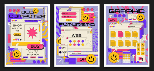 Fototapeta Retro cartoon poster of web pages pc.old computer style. geometric frames in 90s memphis style. Set of user interface elements. Retro browser computer window. vector promo banner for design and print obraz