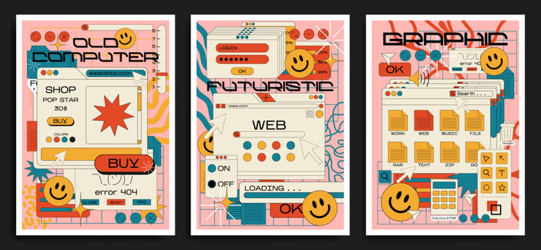 Retro cartoon poster of web pages pc.old computer style. geometric frames in 90s memphis style. Set of user interface elements. Retro browser computer window. vector promo banner for design and print