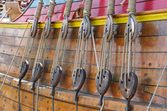 Closeup of ropes and pulleys on the bow of the replica of the dutch Willem Barentsz ship that was shipwrecked in the 16th century on Nova Zembla.