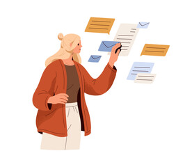 Employee receiving e-mail letters, business messages, documents. Office worker woman works with official papers, inbox emails, envelopes. Flat vector illustration isolated on white background