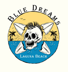 Blue dreams.Laguna beach.Vector illustration of a skull with a surfboard. For t-shirts, stickers and other similar products.