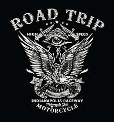 road trip logo.An American eagle on a motorcycle engine. This vector illustration is perfect for biker-themed shirt prints and many other uses as well.