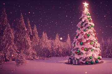 Christmas Tree with Decorations Near a Fireplace with Lights,  3d render, Raster illustration.