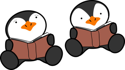 learning penguin character cartoon sitting reading set in vector format