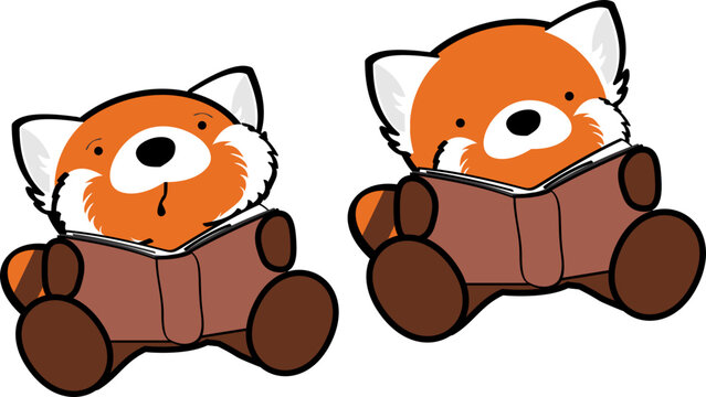 learning cute baby red panda character cartoon sitting reading set in vector format