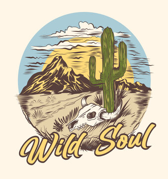 Desert vibes retro t shirt print graphic design. Mounting digital hand paint artwork for apparel, sticker, poster and others.