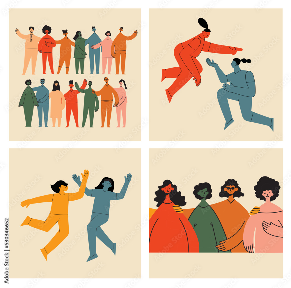 Poster Women friendship group. Diverse female team standing together, holding hands, girls power, multinational sisterhood community vector illustration. Friendship group females, people diversity