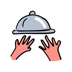 Covered food tray on a hand of hotel room service vector icon, dinner doodle style
