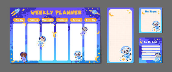 Cute set of printable weekly or daily planner, note paper design, school timetable, organizer template and to do list with cute animals astronauts, planets and stars. Vector cartoon illustration