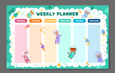 Weekly planner, back to school timetable template with cute space animals astronauts, planets, spaceship, moon and stars. Kids schedule design template. Vector children flat illustration