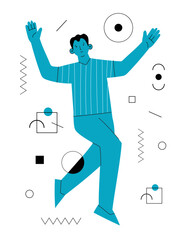 Young man with abstract geometric shapes. Team building and teamwork concept. Business partnership, cooperation and communication. Modern flat cartoon style.