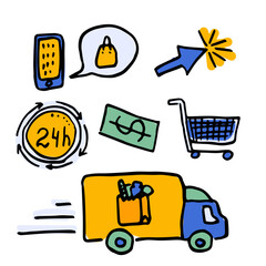 Online shop cartoon vector icon set. Basket for shopping, money and delivery service 24 hour