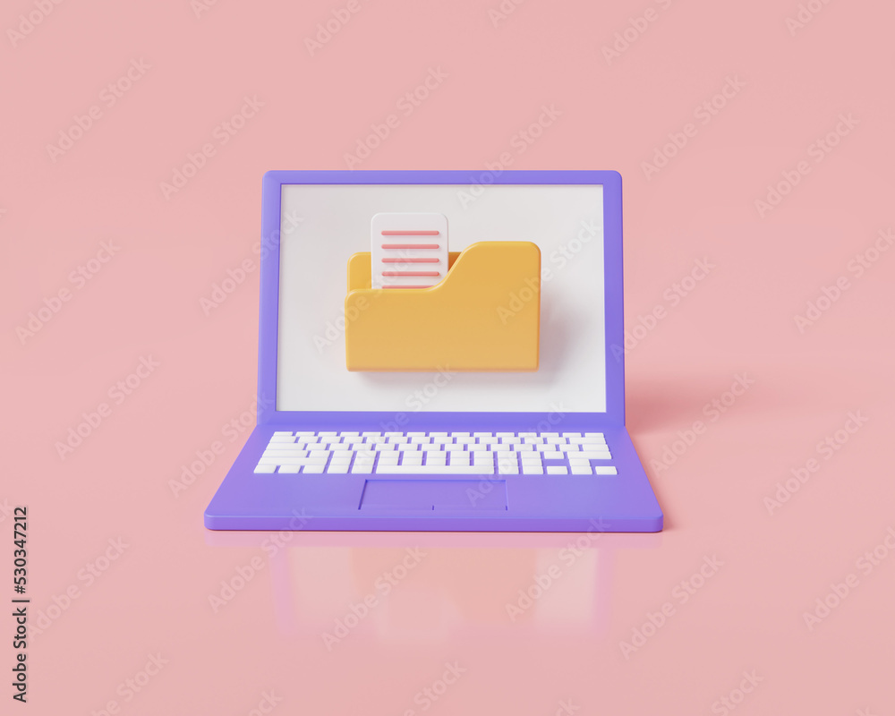 Poster yellow portfolio folder icon with file document on laptop. computer folder, folder with file, paper 