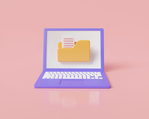 Yellow portfolio folder icon with file document on laptop. Computer folder, folder with file, paper icon. file electronic, Folders with documents. File management concept. 3D rendering illustration