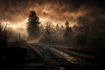 Frozen trees in the fog. Horror halloween background.Digital art