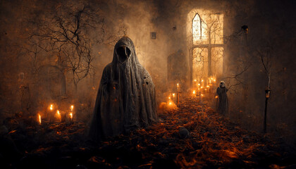 Scary ghost woman in haunted house. Digital art - obrazy, fototapety, plakaty