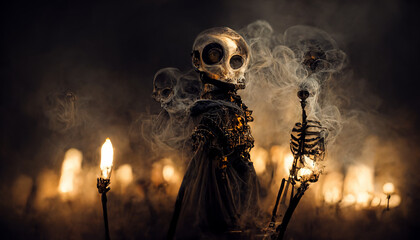Grim reaper with haunted, creepy graveyard.Digital art