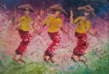 Fototapeta na wymiar Abstract painting of three female dancers dancing a traditional dance (Pomonte) from Central Sulawesi, Indonesia using acrylic paint