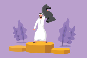 Graphic flat design drawing competitive Arab businessman holding, lifting knight chess piece. Successful entrepreneurship tactics, strategy, superiority in business goals. Cartoon vector illustration
