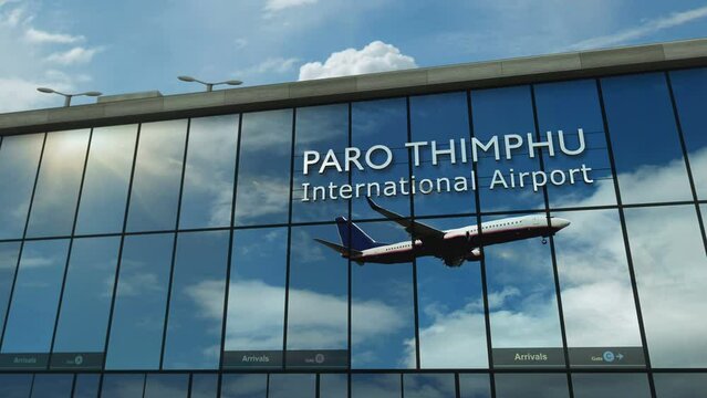 Plane landing at Paro Thimphu, Bhutan 3D. Arrival in the city with the glass airport terminal and reflection of the jet aircraft. Travel, business, tourism and transport 3D concept.