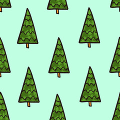 Seamless pattern with green pine trees and spruces, hand drawn on blue background