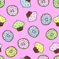 Seamless pattern with colored donuts and cupcakes, hand draw illustration isolated pink background