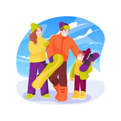 Family snowboarding isolated cartoon vector illustration.