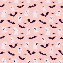Seamless Halloween pattern with ghosts, spiders and bats