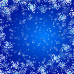 Fototapeta na wymiar Christmas New Year snowflakes snow whirlwind, winter. Blue background.