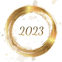 Happy New Year 2023 greeting card poster. Confetti. Circle frame.