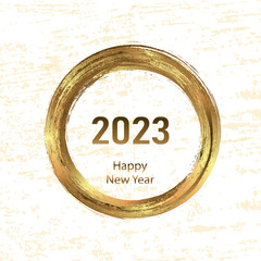 Happy New Year 2023 greeting card poster. Confetti. Circle frame.