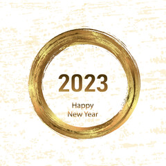 Happy New Year 2023 greeting card poster. Confetti. Circle frame.