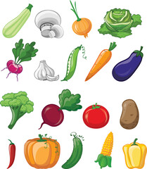 Cartoon fruits and vegetables. Broccoli, carrot, cabbage, beetroot, kiwi, apricot, mango. Fresh organic vegetable, fruit slices vector set. Organic healthy food for market,