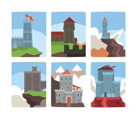Fairy Tale Castle with Stone Tower, Castellation Walls and Flags Vector Set