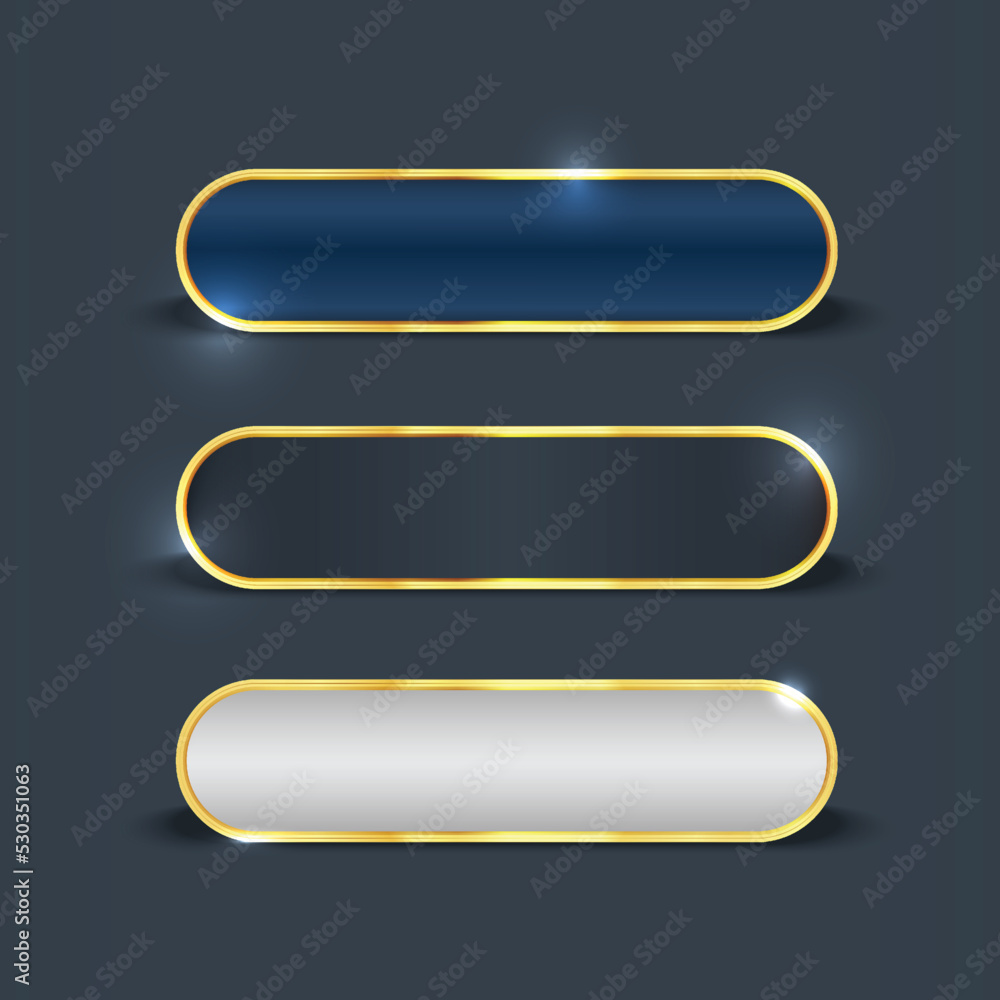 Fototapete gold framed buttons set. gold web button of different gradient styles with frames and shine light ef