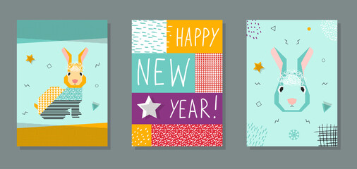 Happy New Year 2023. Set of  cards with the symbol of the Chinese New Year. Abstract modern illustration with rabbits. Graphic character. 