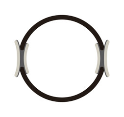 Representative Pilates exercise equipment with a circular ring shape and handle. A plastic device that uses resistance to exercise muscles.