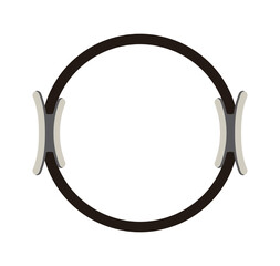 Representative Pilates exercise equipment with a circular ring shape and handle. A plastic device that uses resistance to exercise muscles.