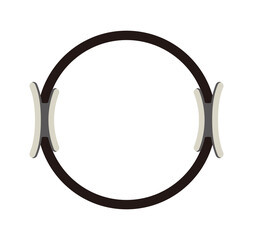 Representative Pilates exercise equipment with a circular ring shape and handle. A plastic device that uses resistance to exercise muscles.