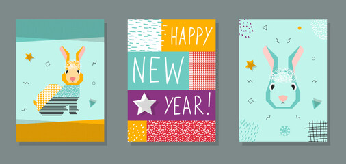 Happy New Year 2023. Set of  cards with the symbol of the Chinese New Year. Abstract modern illustration with rabbits. Graphic character. Vector illustration