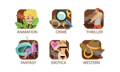 Movie Genre with Animation, Crime, Thriller, Fantasy, Erotica and Western Image Vector Set
