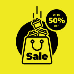 Advertising banner with the image of a yellow shopping bag and it says sale on a black circle on a yellow background
